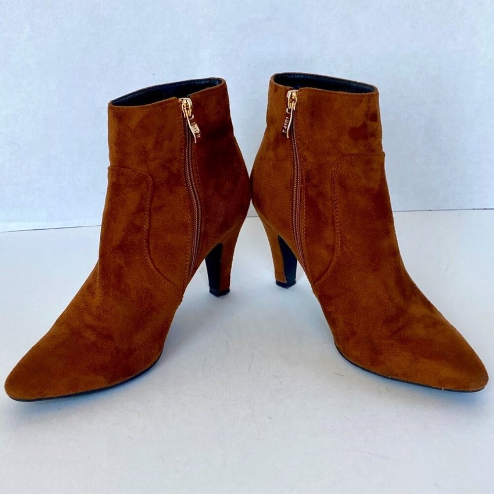 Vegan Suede Brown Ankle Zip Up Kitten Heel Boots Sz 7
